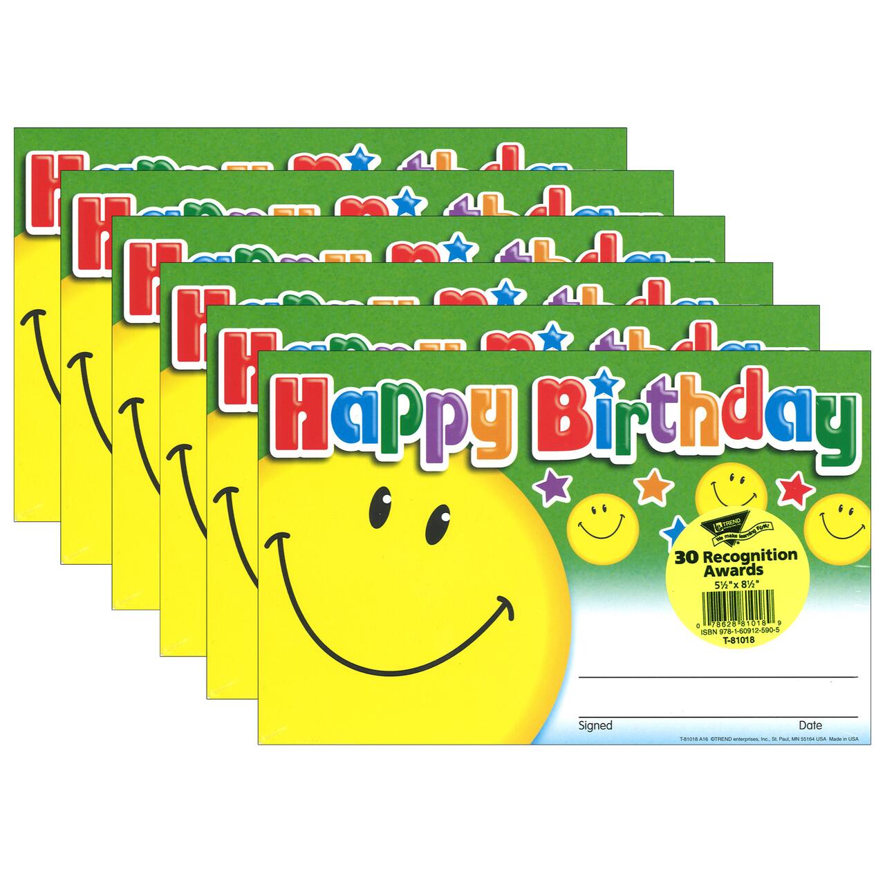 Trend Enterprises® Happy Birthday Smile Recognition Awards, 6 Packs of 30